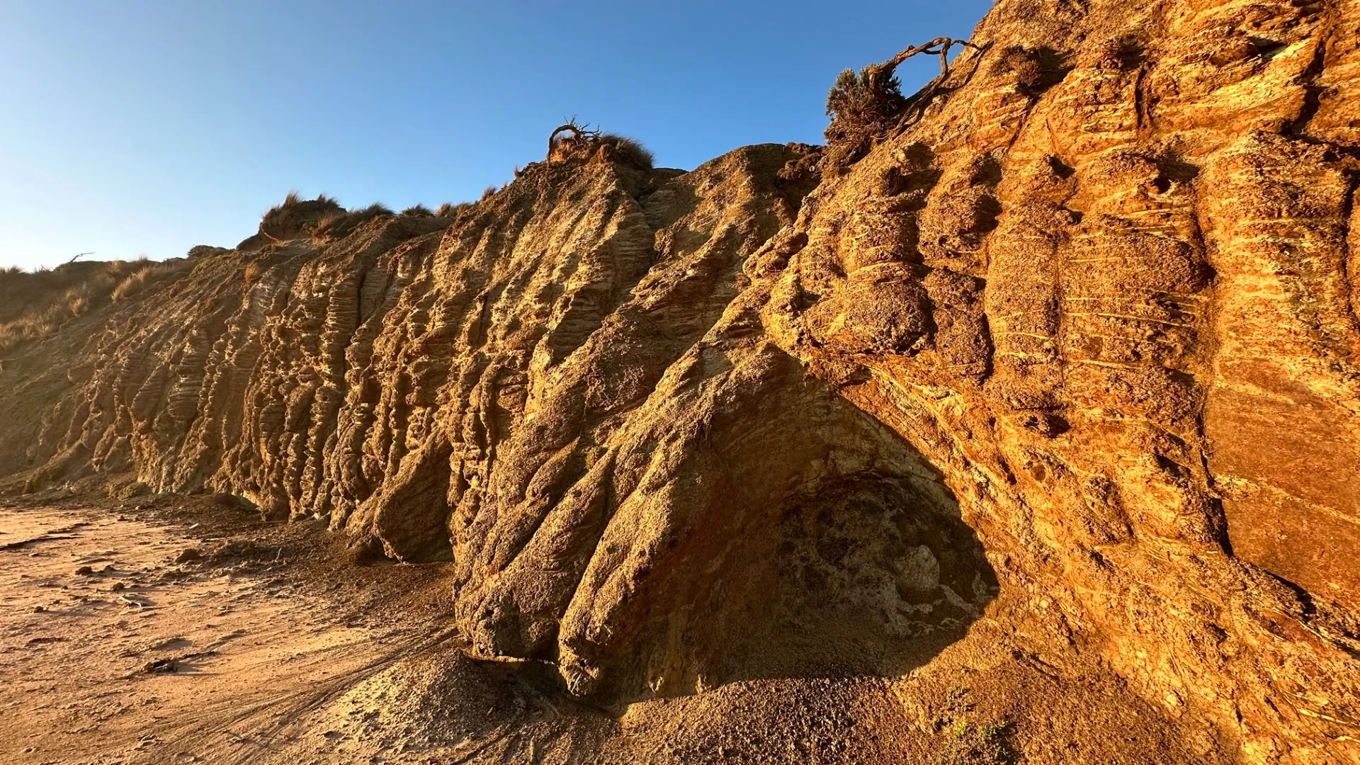 Rugged golden cliff face with layered texture against blue sky